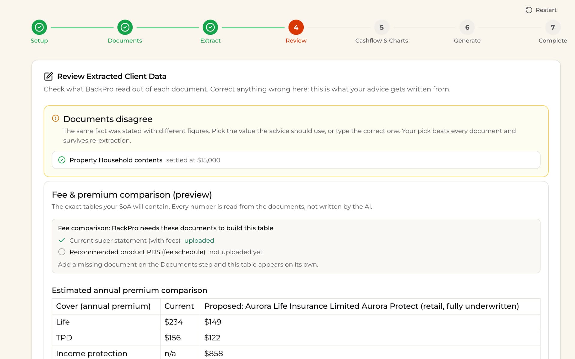 Reviewing extracted client data, with conflicting figures shown side by side.