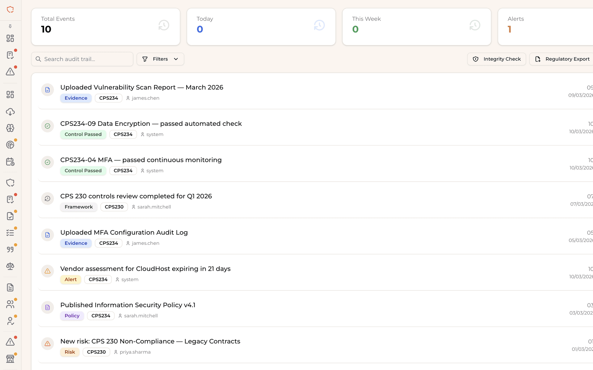 The audit-evidence surface: rolling stat cards (Total Events, Today, This Week, Alerts), Integrity Check and Regulatory Export controls, and a live audit trail of CPS 230 / CPS 234 evidence events with owner and timestamp on every entry.