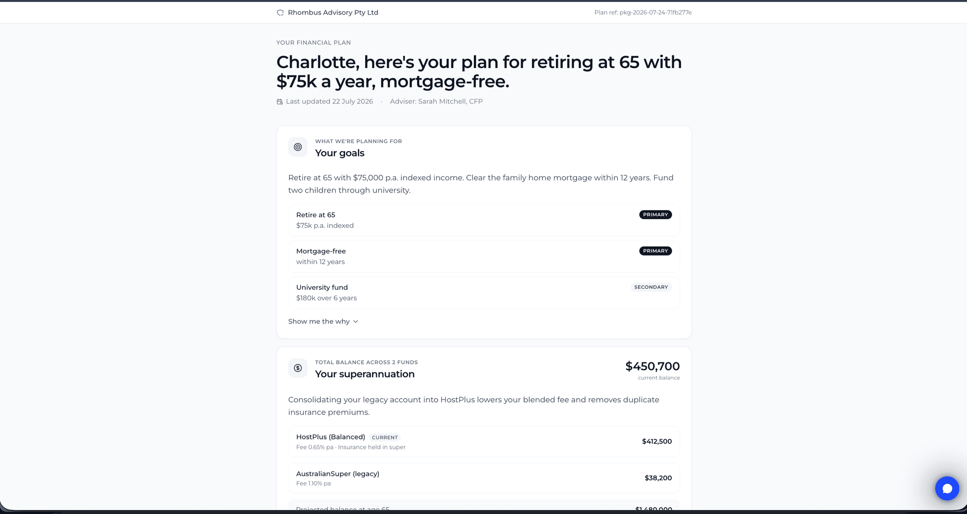 The client advice portal: a published plan branded to the advising firm, opening with the client’s stated goals ranked primary and secondary, the reasoning behind each, and a superannuation consolidation recommendation showing current balances, fees, and the projected balance at retirement.