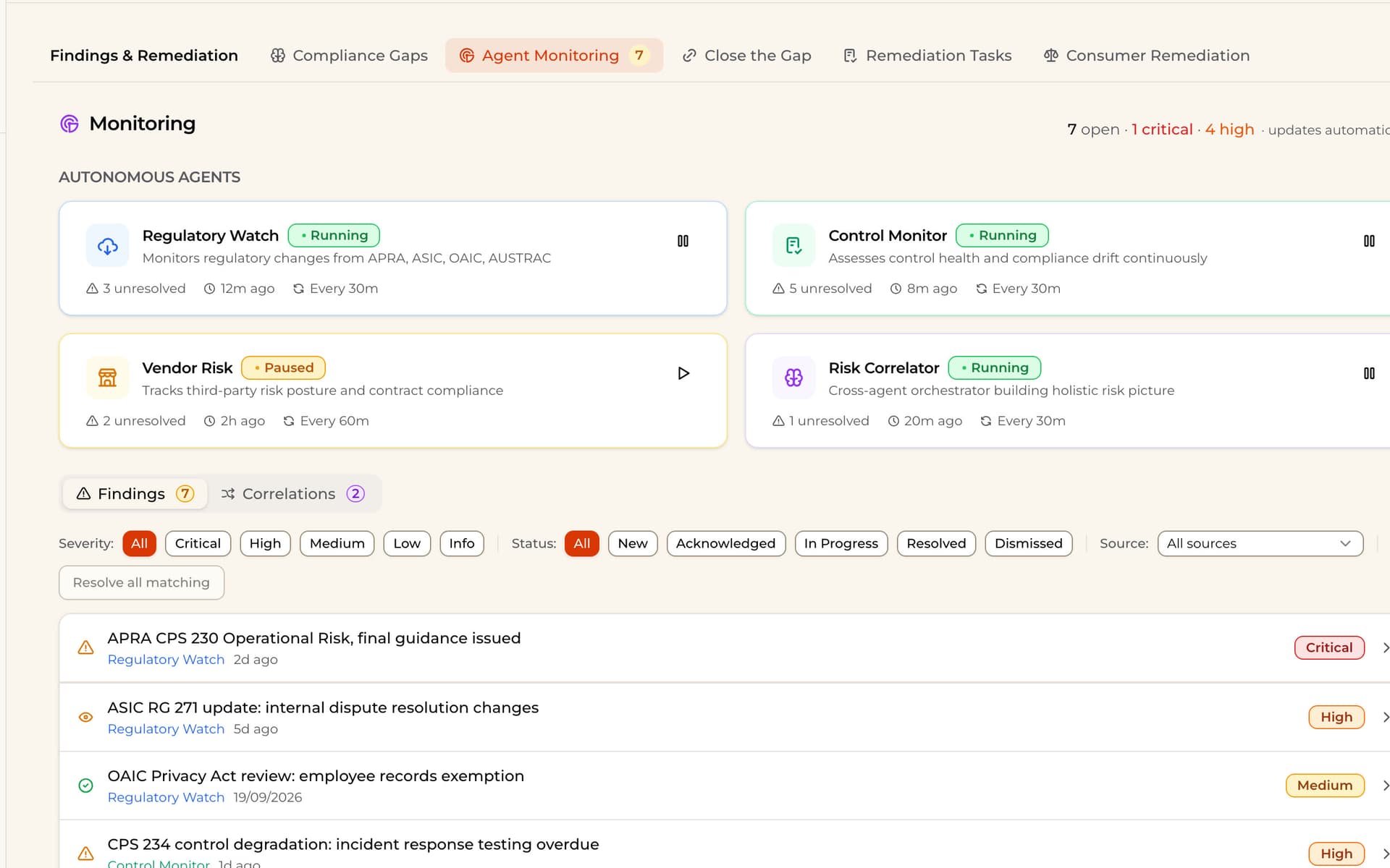Autonomous monitoring agents and their findings.