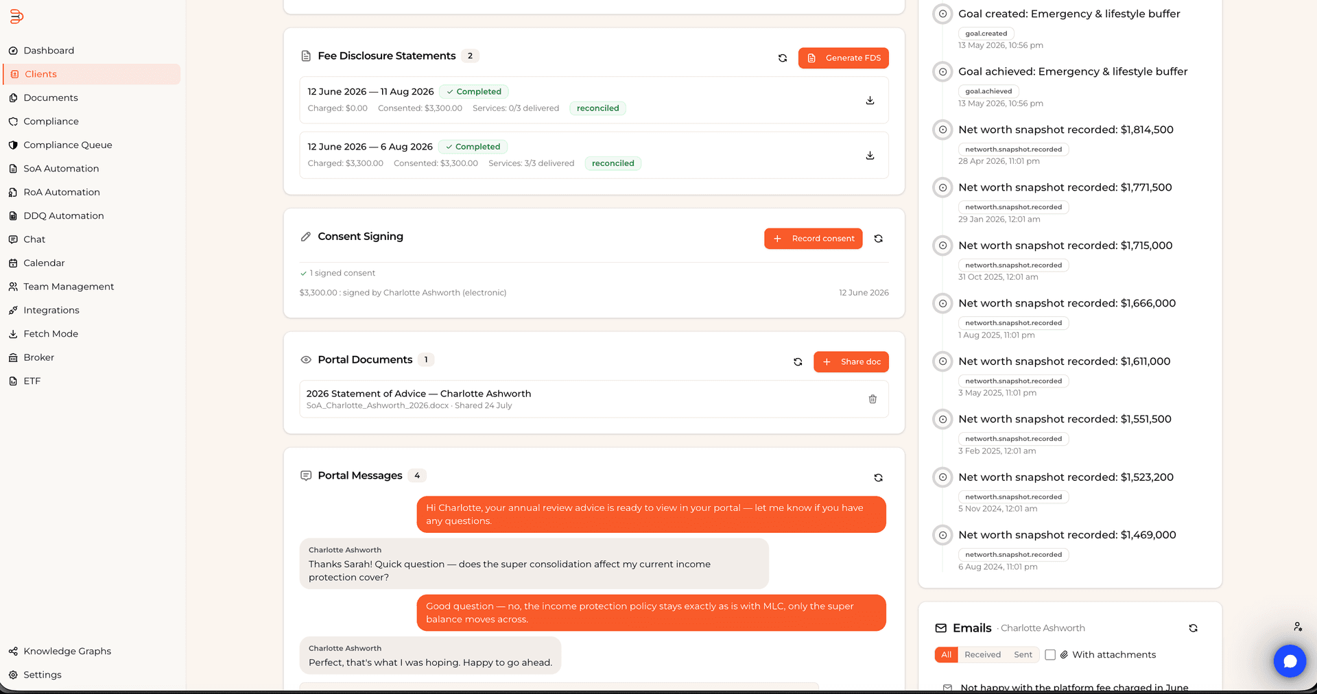 Fee consent management: Fee Disclosure Statements generated per period showing charged versus consented amounts, services delivered, and reconciliation status, an electronic consent signing record, and the shared portal documents and adviser-to-client message thread behind them.