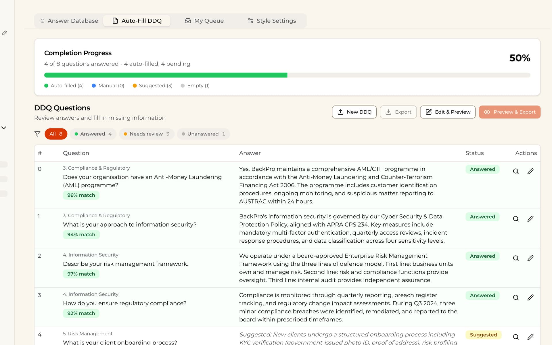 BackPro auto-filling a DDQ: each question with its matched answer, match score and status.