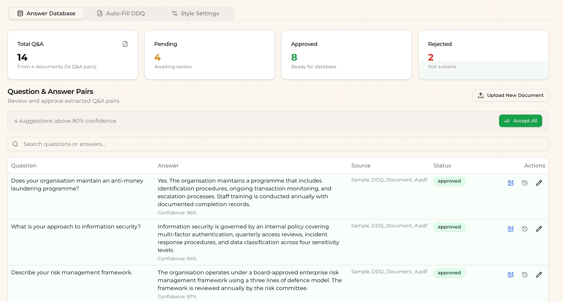 BackPro DDQ answer database with 14 Q&A pairs, confidence scores and approval workflow
