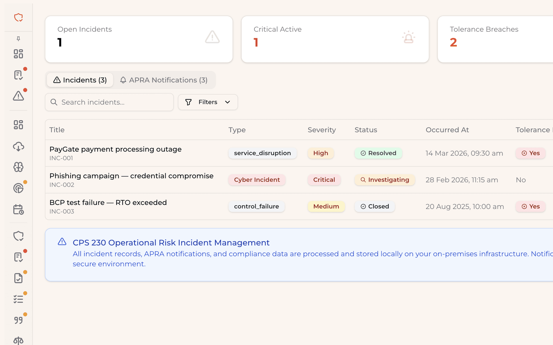 The incident response console: timeline of an active incident, regulator notification windows, breach register entry, and drafted notifications all in one view.