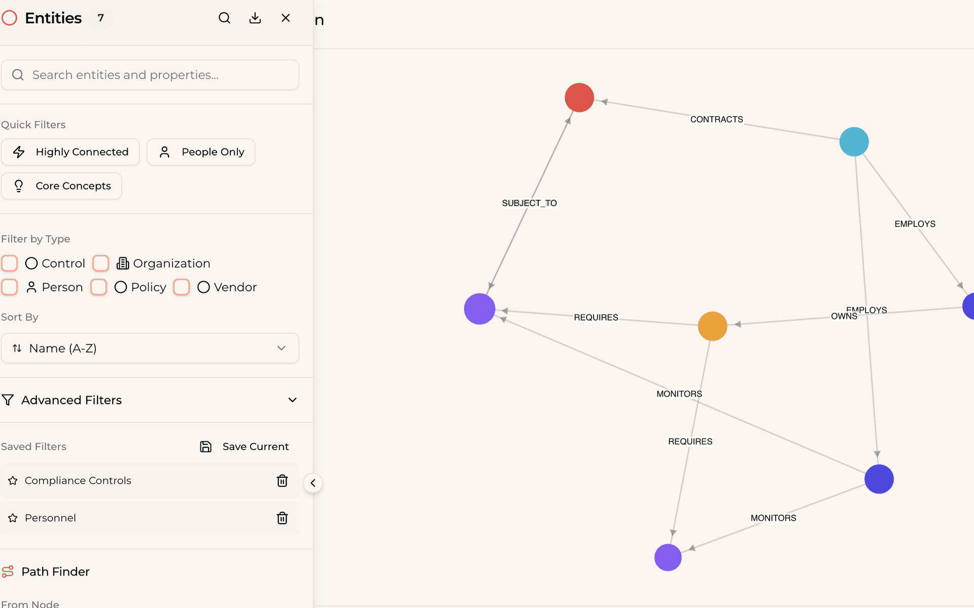 The knowledge graph view. Force-directed, navigable, filtered by relationship type and document class.