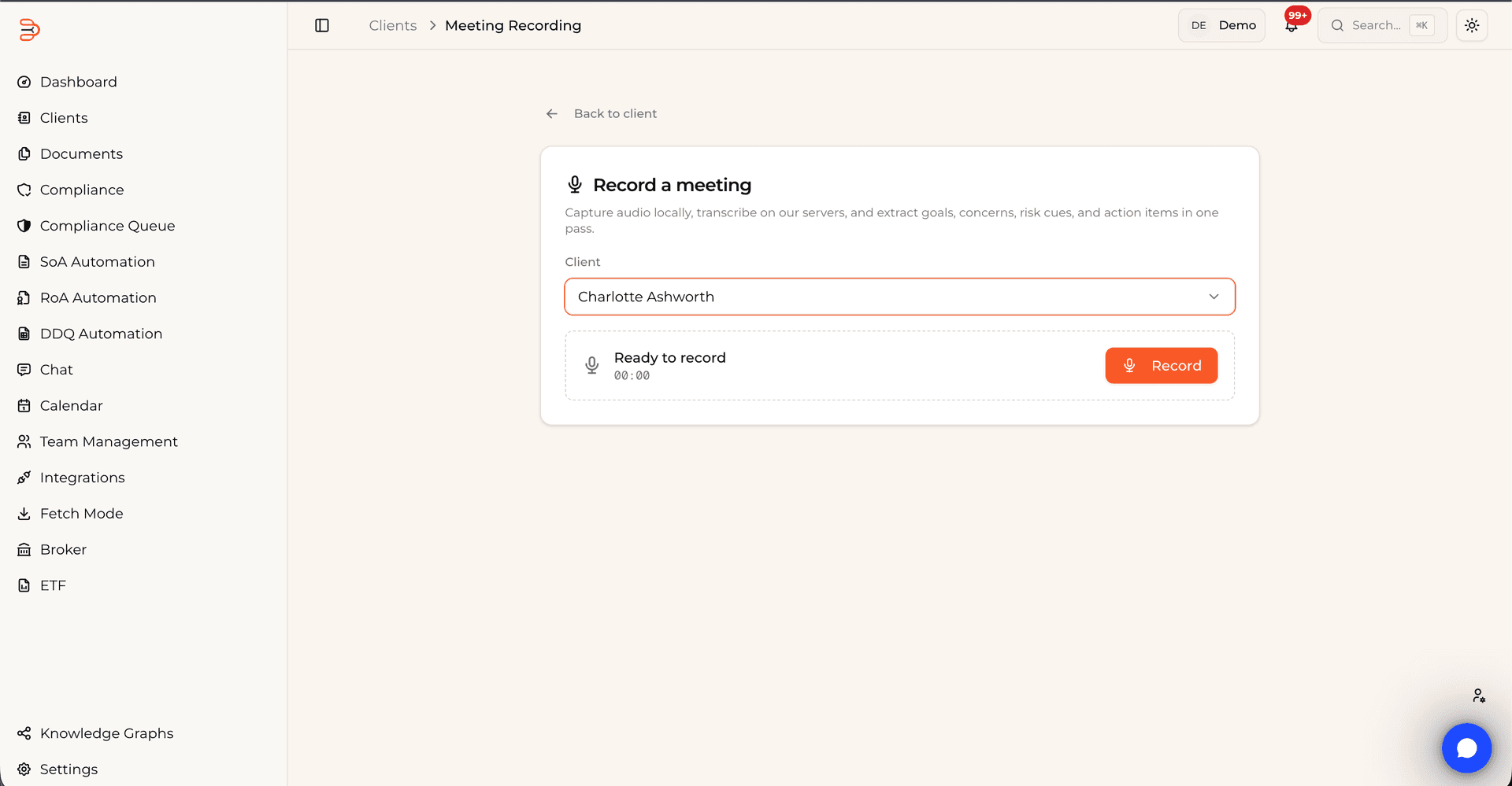Meeting capture: a record-a-meeting panel with the client selected and recording ready to start, describing capture of audio locally, transcription on BackPro servers, and extraction of goals, concerns, risk cues, and action items in a single pass.