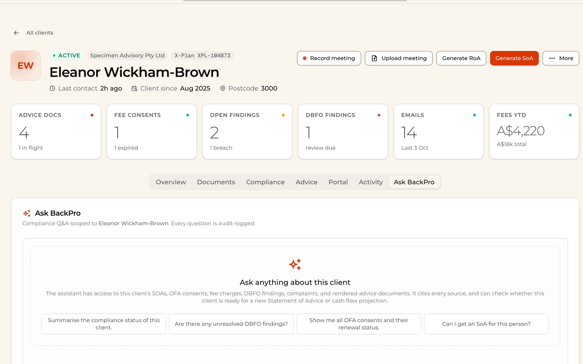 Ask BackPro: Ask anything about a client in plain words. Every question is audit-logged.
