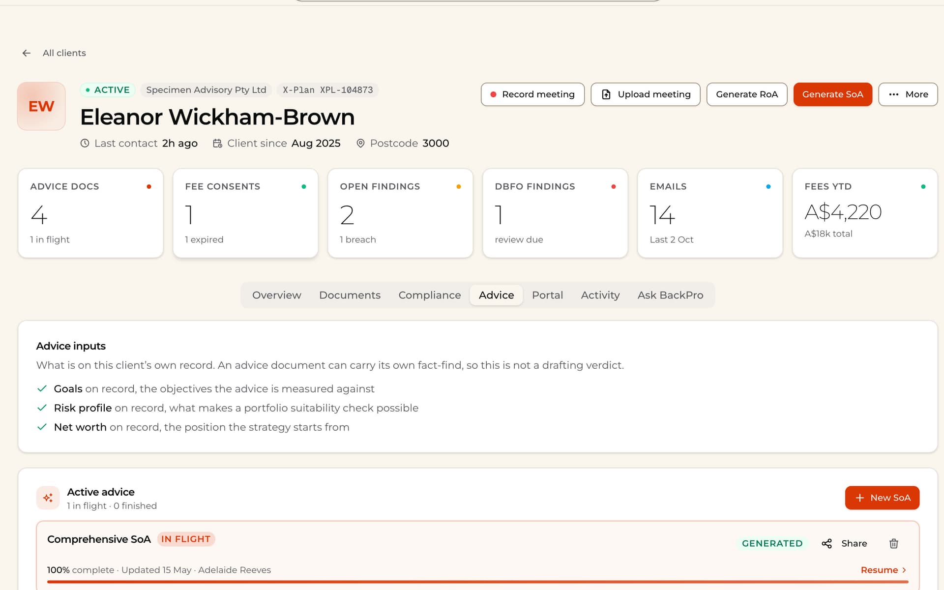 The client file: Advice, fee consents, findings, emails and fees for one client, in one place.