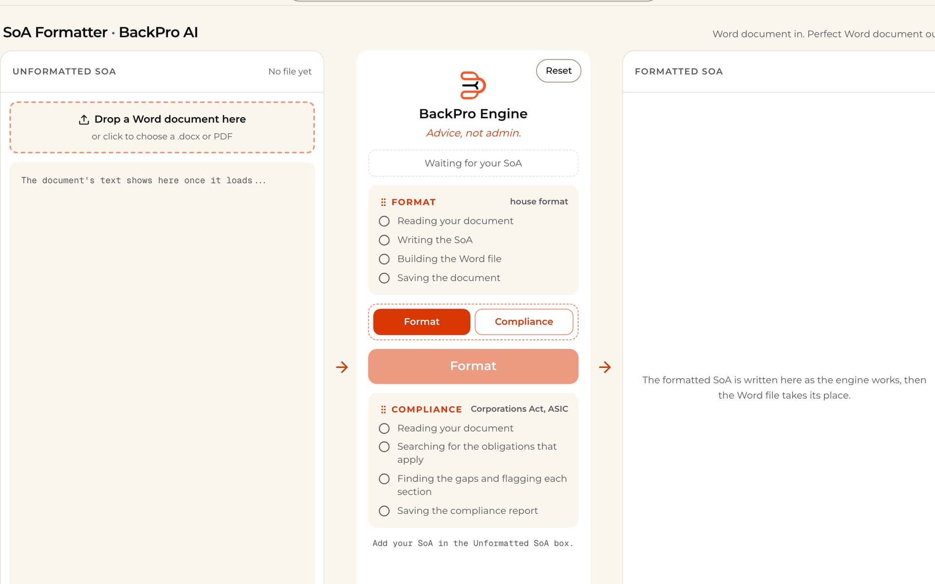 SoA Formatter: Word document in, your house format out, compliance-screened section by section.